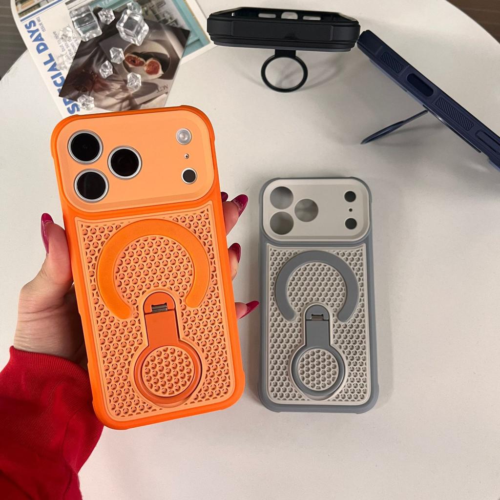 Applicable to iPhone17promax mobile phone case honeycomb 360 ° magnetic suction bracket breathable mesh Apple 16 all-inclusive cover