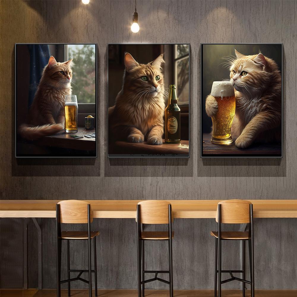 Ai Drawing Cute Drinking Cat Funny Prints Poster Canvas Painting Modern Wall Art Picture For Living Room Bedroom Home Decoration