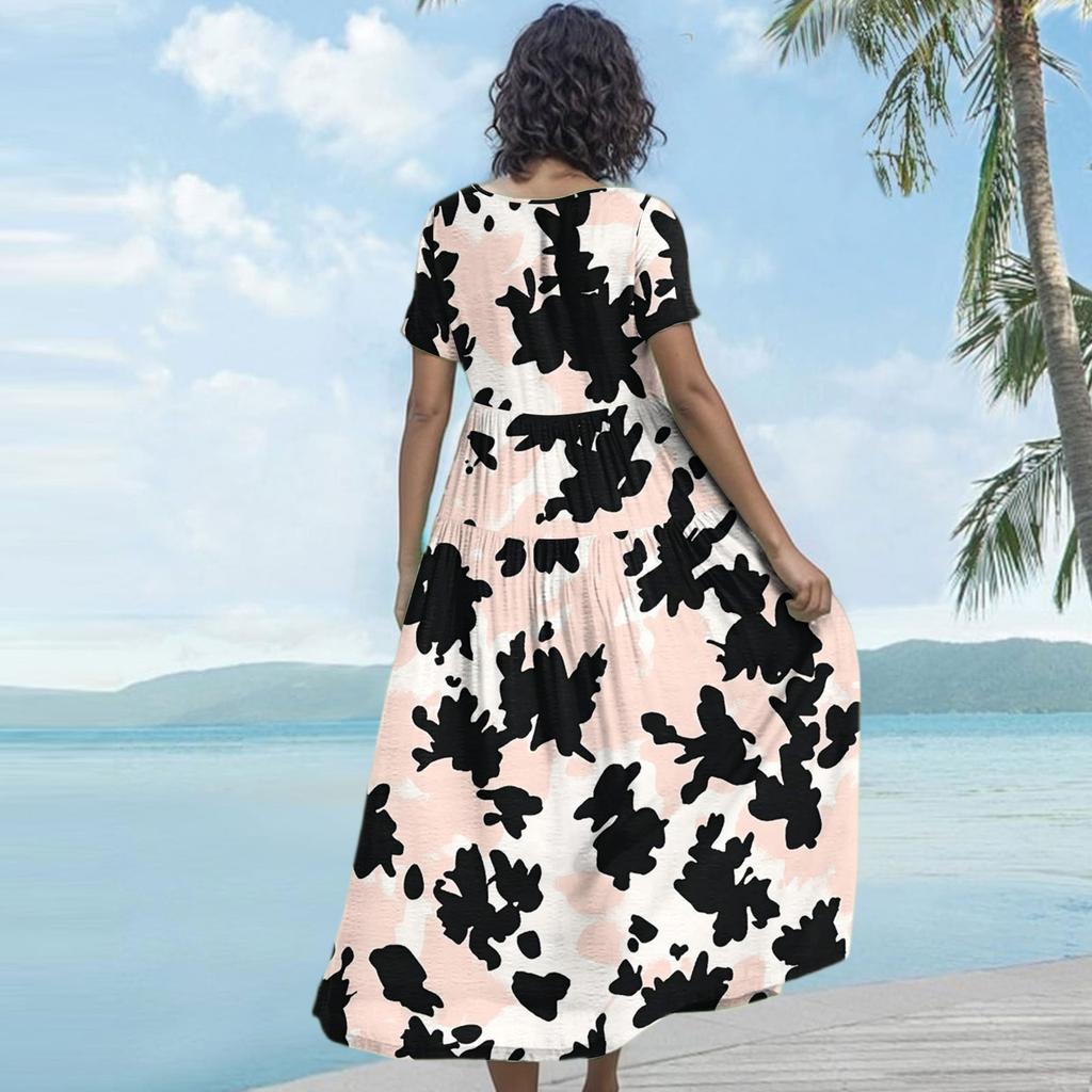 Women's Casual Loose Bohemian Floral Print Short Sleeve Dress