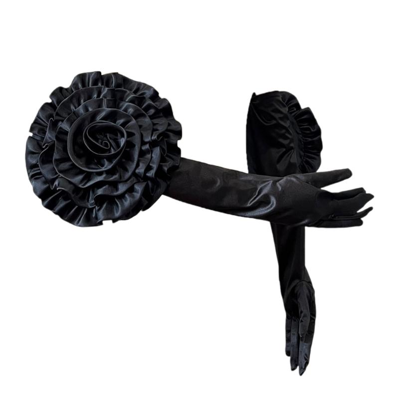 Evening Party Gloves for Women Long Satined Gloves with Large Flower Stage Accessories Elbow Length Dancing Wedding Gloves
