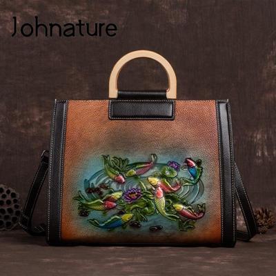 Luxury Handbag Genuine Leather Vintage Women Bag Fish Embossed Handmade Cowhide Large Capacity Shoulder Bags