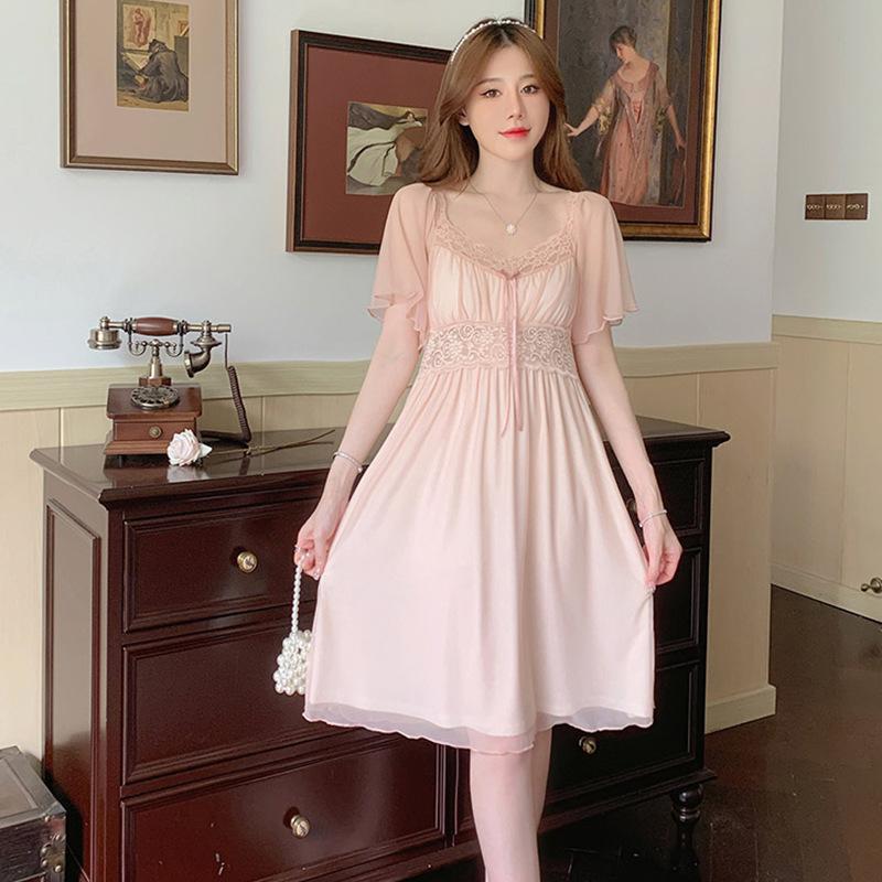 

Nightdress Women S Summer Sweet Lace Strap Bow With Chest Pad Can Be Worn Outside Pure Desire Wind Mesh Nightdress 2XL