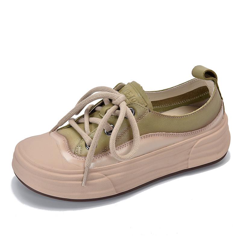 

Women s Round Toe Lace-Up Leather Sneakers - 2025 Spring Collection 40