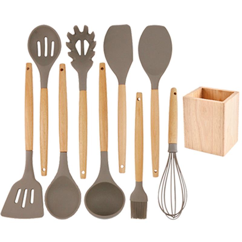 Silicone Wooden Handle Kitchenware Non-stick Cookware Kitchenware Set  Spoon Spatula Cooking Spatula Spoon Tool Utensils