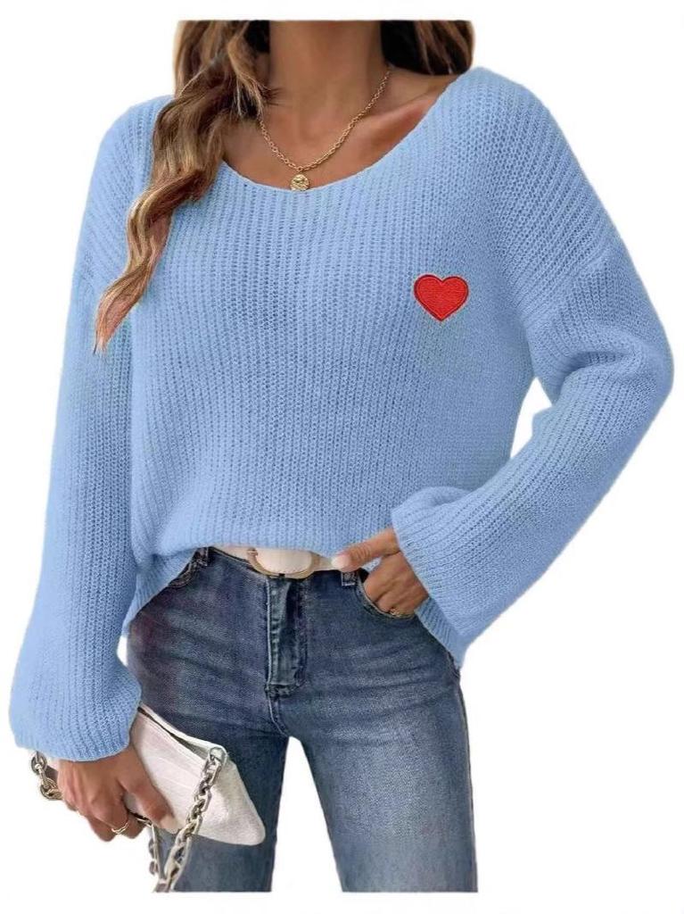 Valentine's Day Heart Embroidery One-Shoulder Pullover Sweater for Women