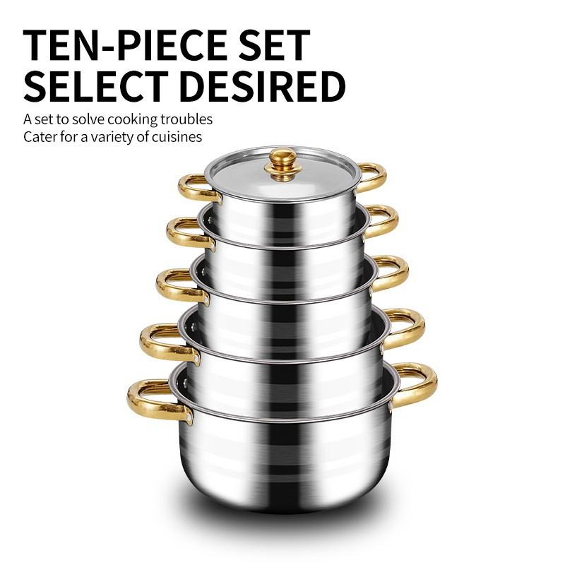 Stainless Steel Cookware Set 10-Piece Gold Handle Soup Pot Kit With Lids Modern Kitchenware Gas Electric Induction