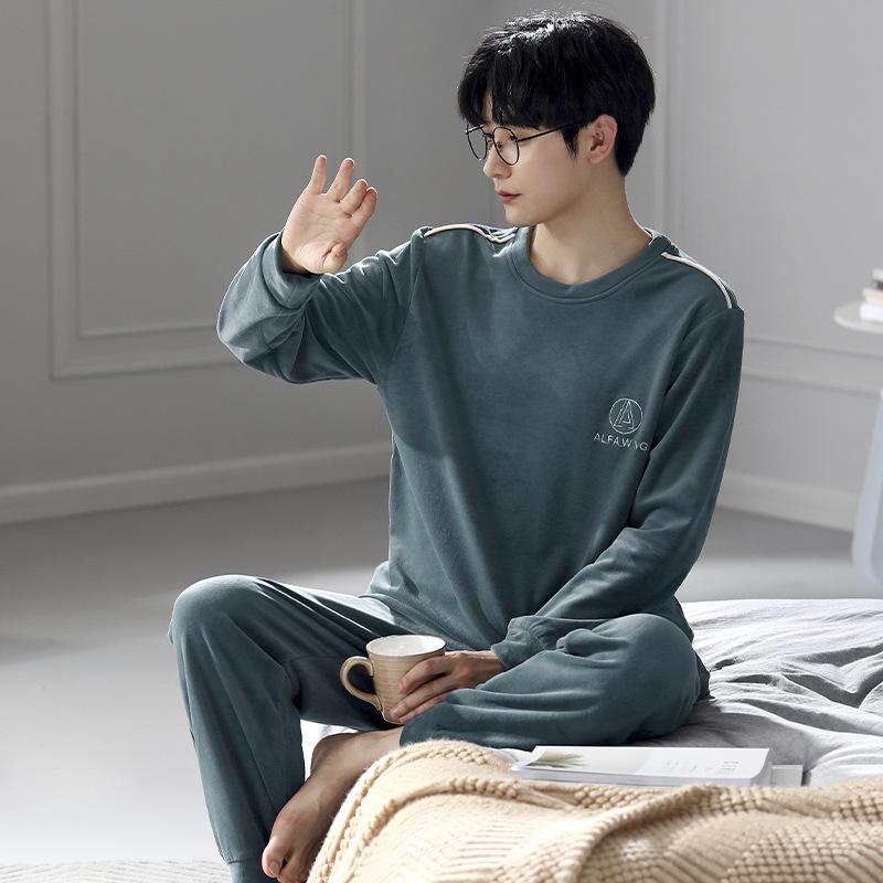 Autumn And Winter Coral Fleece Pajamas Men'S Fleece Pullover To Keep Warm Green Island Fleece Loungewear Thin Suit Spring And Autumn
