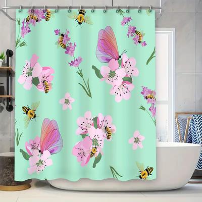 Decorative Floral Shower Curtain with Bees Butterfly Design for Bathroom Decor Waterproof Fabric Material, Suitable for Home Acc