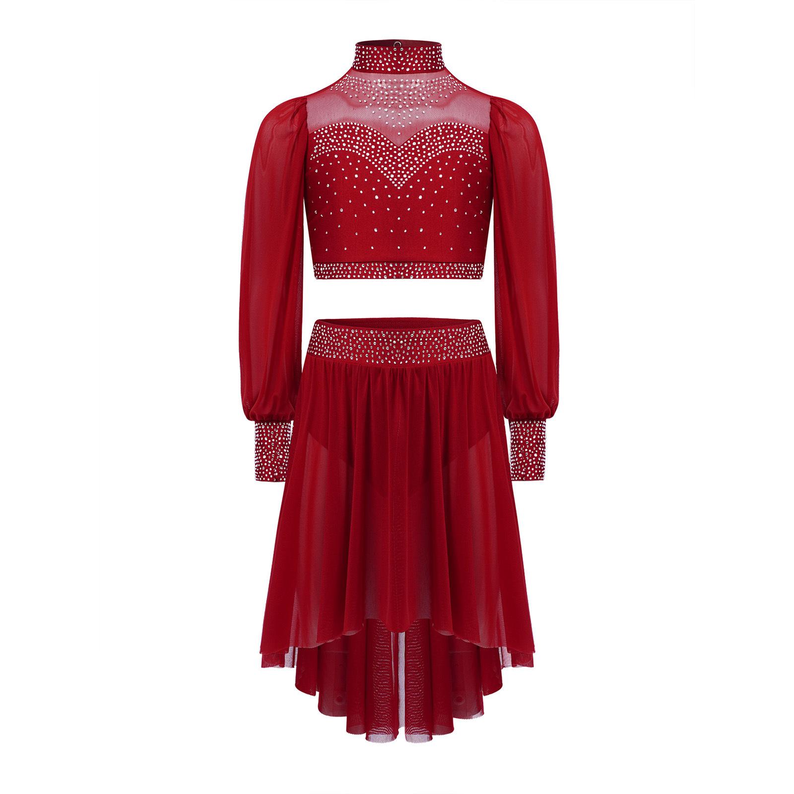 

Дівчачий ліричний танцювальний костюм з коміром-стійкою, прозорими сітчастими довгими рукавами, вирізом на спині, укороченим топом та асиметричною спідницею. 5-6 Years бордовий