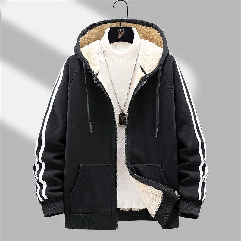 

Lamb Velvet Cardigan Large Size Sweatshirt Men s Sports Top Plus Velvet Hooded Thick Sweatshirt Hoodie Autumn and Winter Jacket L чорний