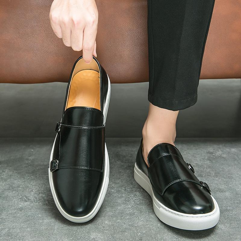 Slip-on-Loafer für Herren, lässig, flach, für die Arbeit, Lederschuh, flacher Schnallenriemen, atmungsaktiv, Nähen, britische Flats