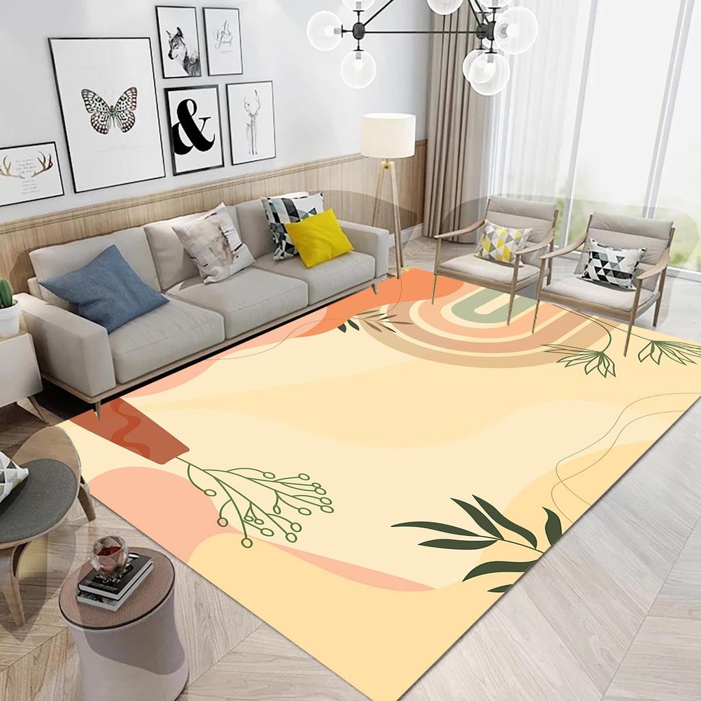 Boho Mid Century Style Area Rug Modern Plant Leaves Carpet Non Slip Abstract Art Floor Mat for Living Room Bathroom Office Decor