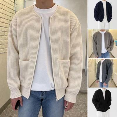 Full Zip Up Men Cardigan Sweater Solid Color Warm Knitwear Jacket Casual Autumn Winter Sweater with 2 Front Pockets
