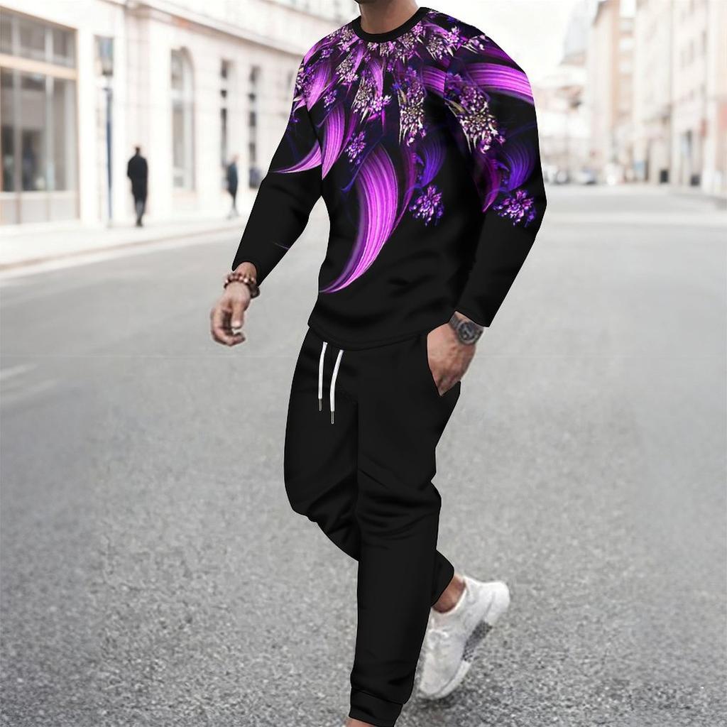Men Blue Galaxy Starry Light Trail Print Long Sleeve Sweatshirt Jogger Pants Two Piece Suit