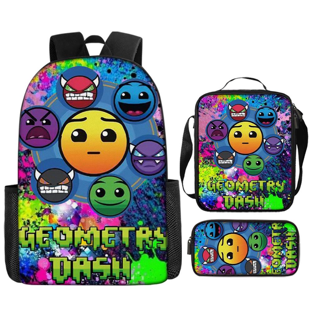 Cartoon Geometry Dash Kinder Schulrucksack mit Umhängetasche Federmäppchen Schultaschen für Jungen Mädchen Bestes Geschenk