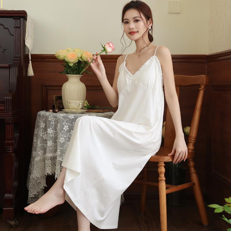 Suspender Nightdress Women's Summer High-end Temperament Lace French Long Pajama Skirt with Chest Pad Can Be Worn Outside Loungewear Cotton