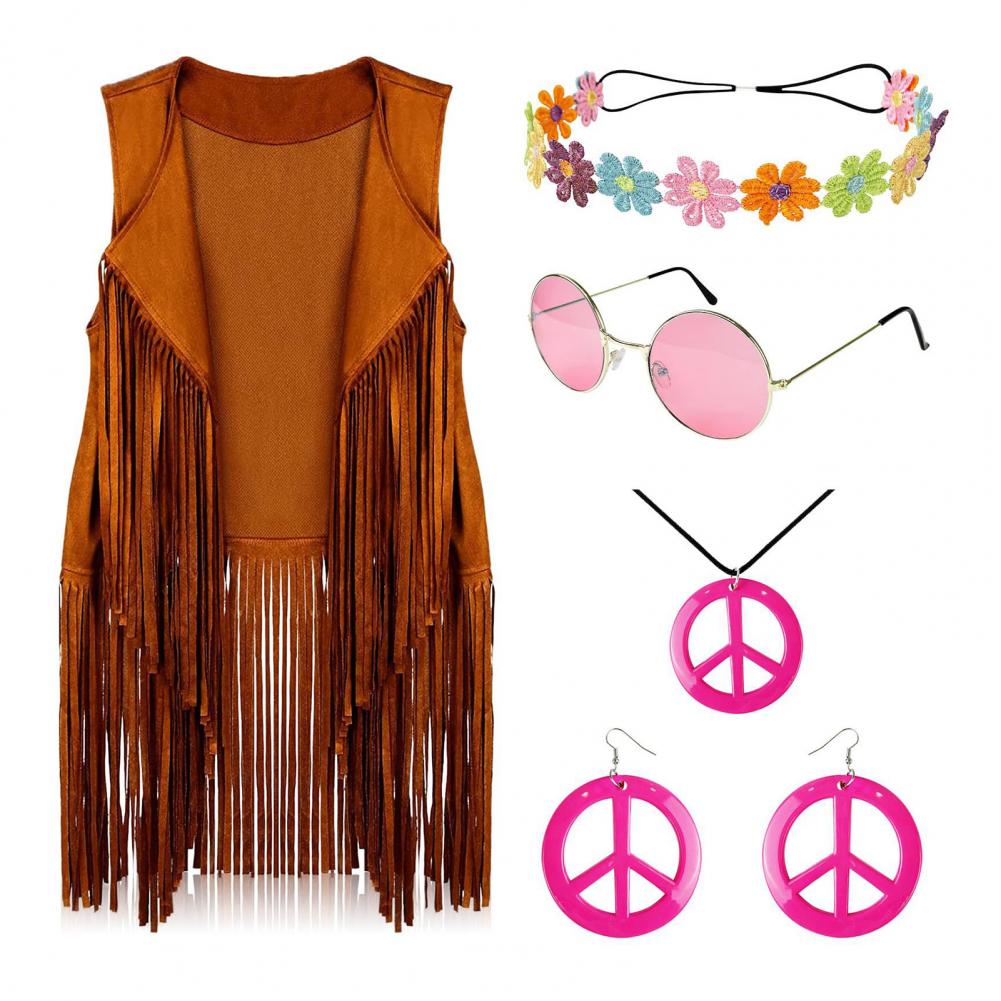 5 Pcs/Set Women Vest with Headband Sunglasses Necklace And Earrings Tassel Cardigan Waistcoat Retro 60s 70s Dance Party Disco Co