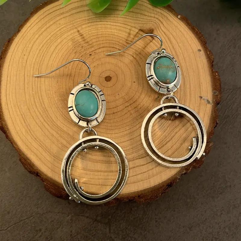 Vintage Bohemian Style Tibetan Silver Geometric Pendant Women's Ethnic Blue Pendant Earrings Jewelry