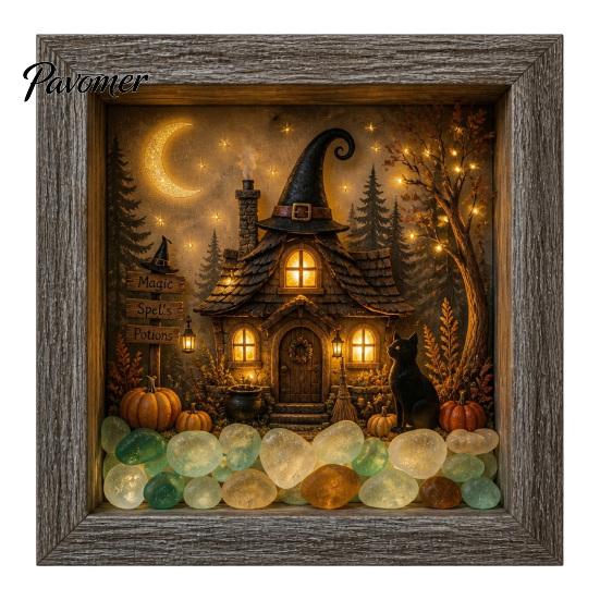 Handmade Halloween Room Decorations DIY Shadow Box Night Light Kit, 8.5 Inch Wooden Frame LED Craft Set with Fall Home Decor Projects Luminous Stones