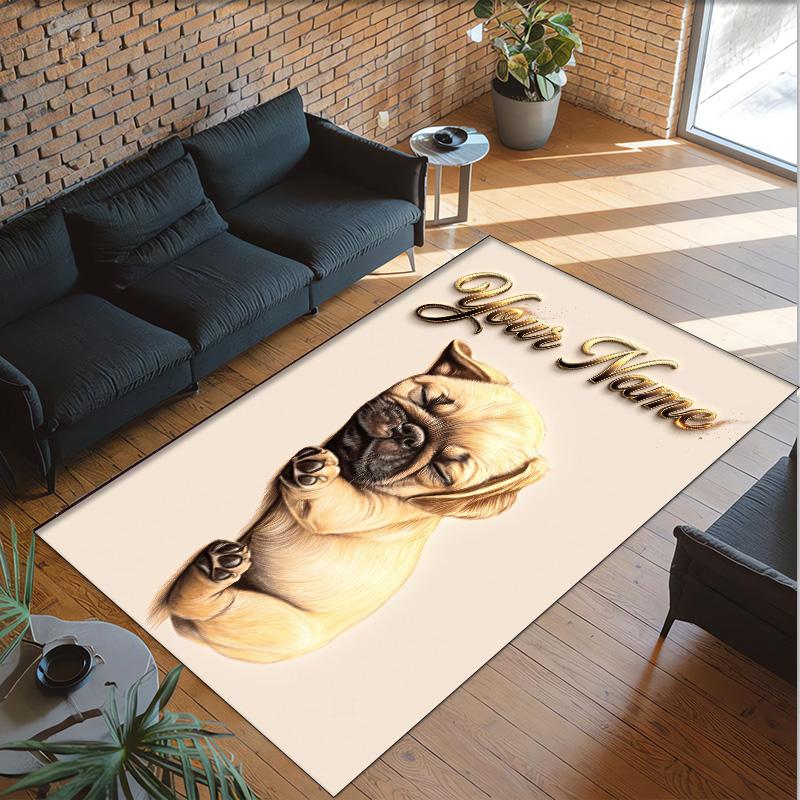 Pug Theme Crystal Velvet Floor Rug Personalized Custom Name Text Warm Carpet Home Decoration