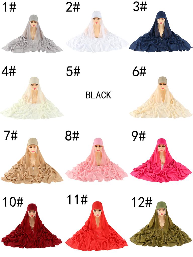 Women's Solid Color Hijab Scarf & Cotton Baseball Cap 2-Piece Set Chiffon Headscarf with Adjustable Cap Fashionable Hijab Combo