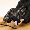 Mens Womens Retro Plaid Fleece-Lined Casual Pants Winter Warm Loose Straight Fit Drawstring Waist Trousers