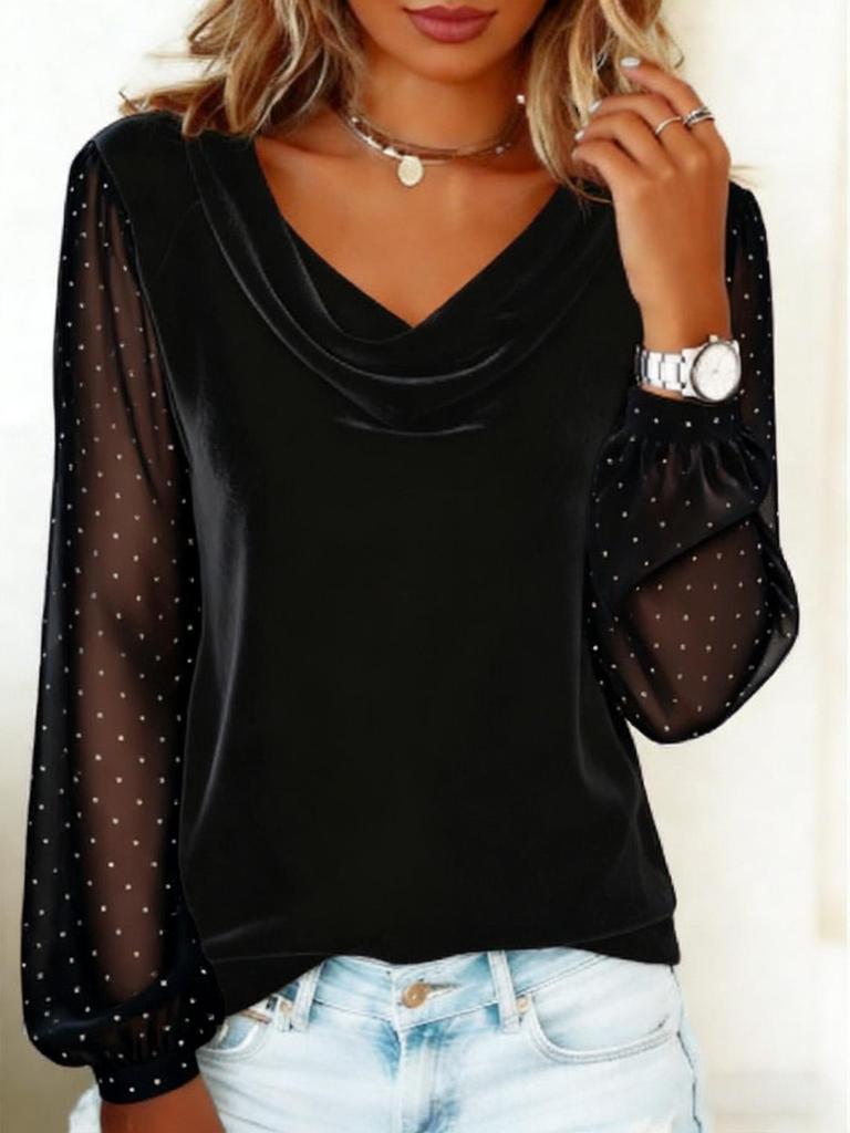 2026 European & American Women's Solid V-neck Mesh Rhinestone Long Sleeve T-shirt