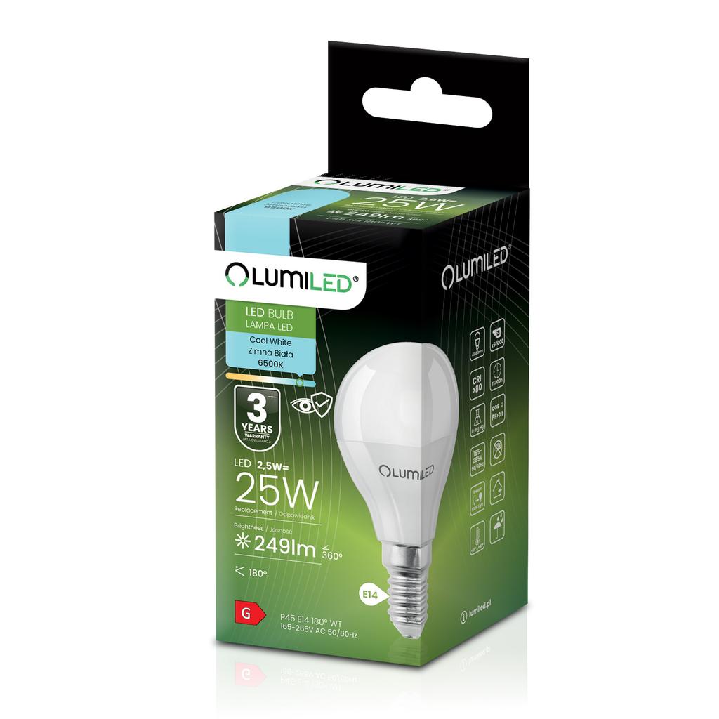 Lumiled Pack of 6 E14 P45 2.5W Golf Ball LED Bulbs (25W Equivalent, Cool White 6500K, 249lm, 180°)