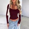 Top Y2K Feminino Slim e Justo Cor Sólida Decote U Manga Longa