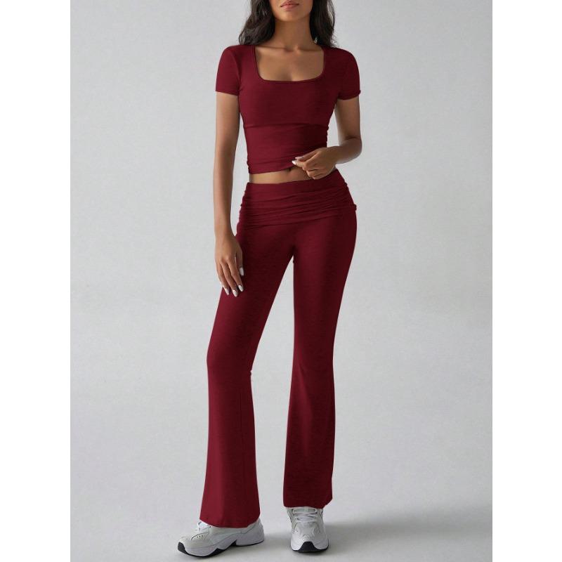Y2K casual sports style solid color navel-exposed T-shirt long trousers set women's clothing