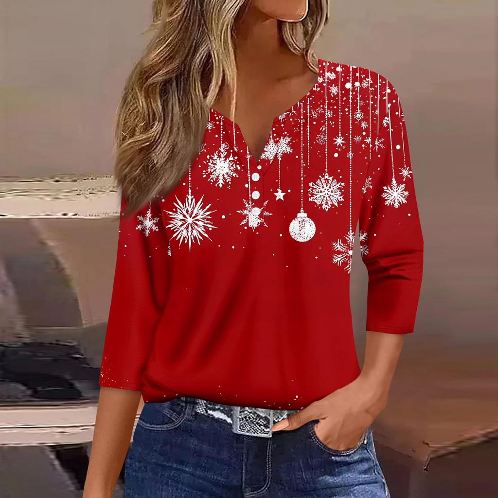 Camiseta de mujer con estampado navideño, botones, manga 3/4, para uso diario, fin de semana, básica, cuello en V, camiseta regular