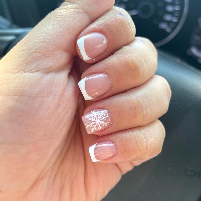 Snowflake Press on Nails Christmas Long Square Fake Nails Winter Snowman Acrylic Glue on Nail Glossy Xmas Stick on Nail for Women Christmas Press on Nails