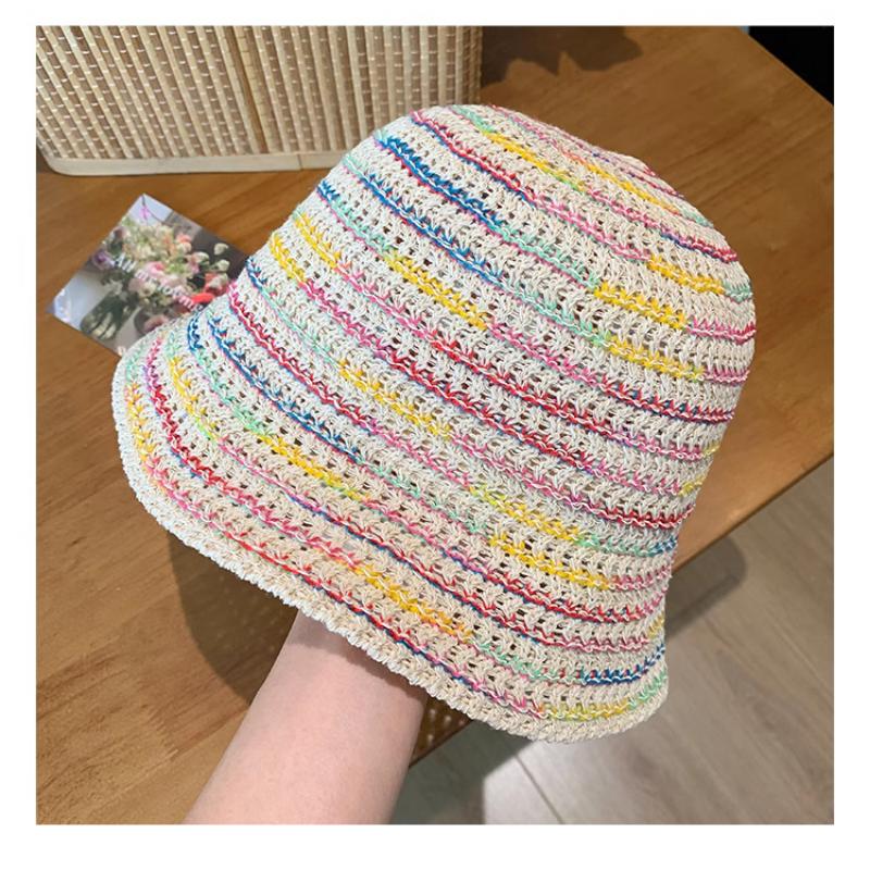 Neuer Sommer Großer Rand Bunt Gestreifter Stroh Eimerhut Damen Urlaub Faltbar Sonnenschutz Atmungsaktiv Sonnenkappe Gorras 56-58cm white