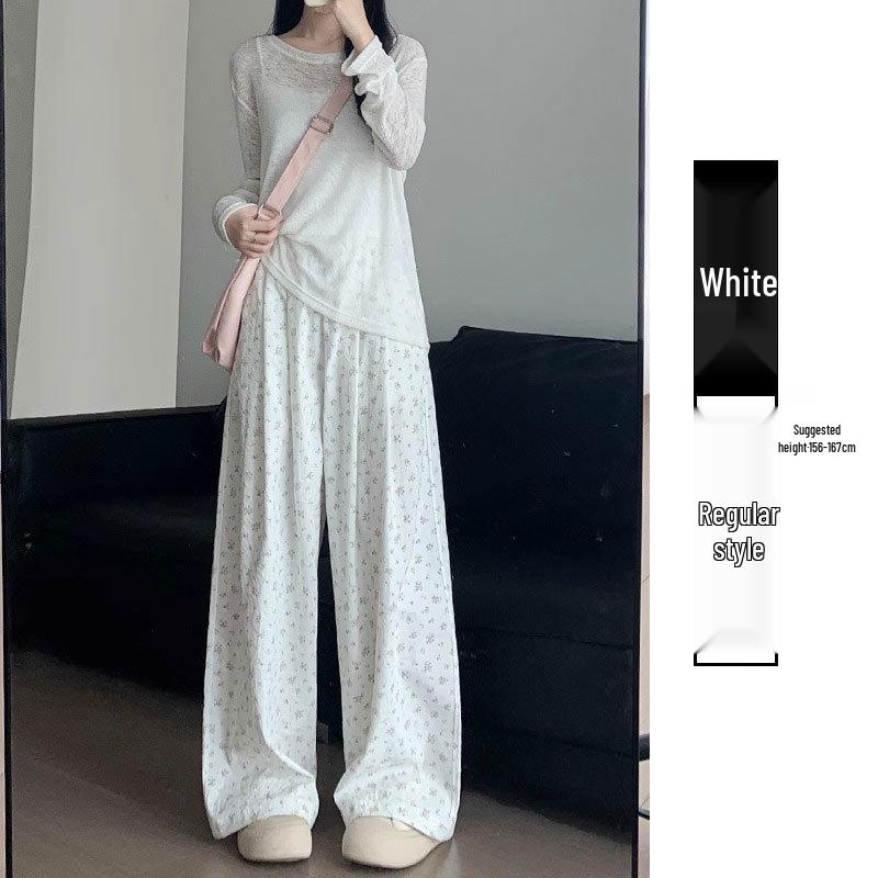 

Женские брюки с широкими штанинами на кулиске в корейском стиле: Высокая талия, Свободный крой, Розовый цветочный на белом, Лето 2025 XL (Recommended for 121-130 lbs)