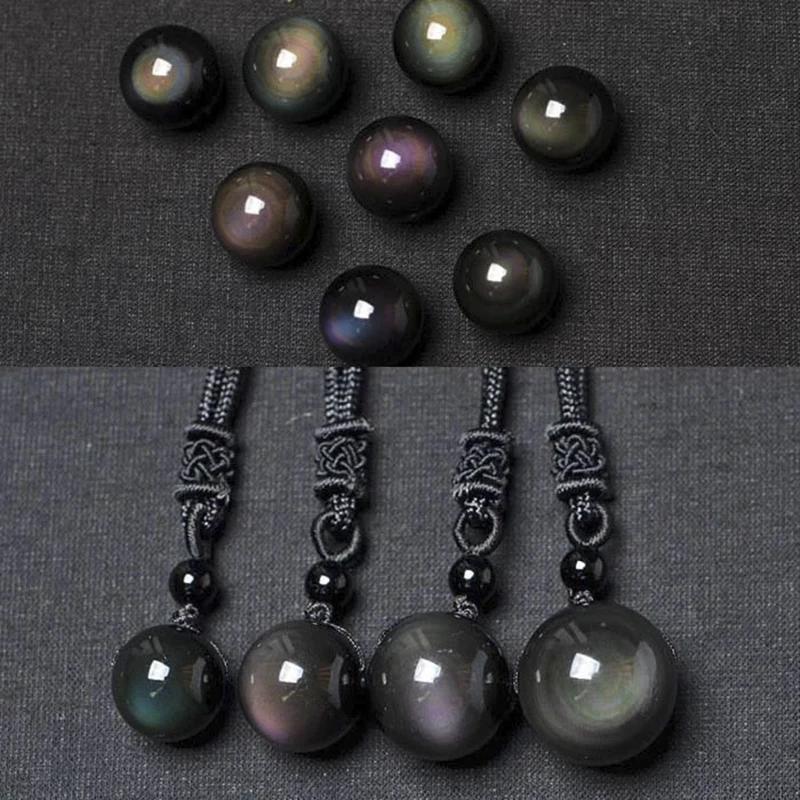 Natural Stone Rainbow Eye Obsidian Ball Pendant Single Bead Necklace Quartz Reiki Healing Lucky Guardian Charm Copper Rope