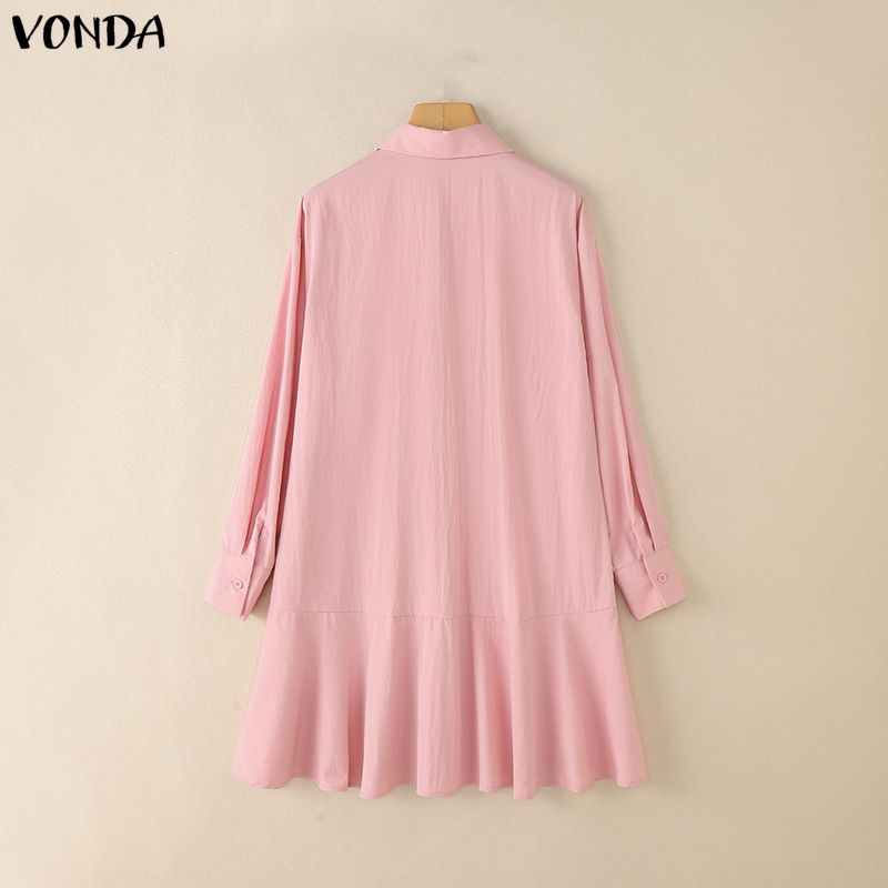 VONDA Women Lapel Neck Long Sleeve Solid Button Down Casual Ruffled Shirts Dress