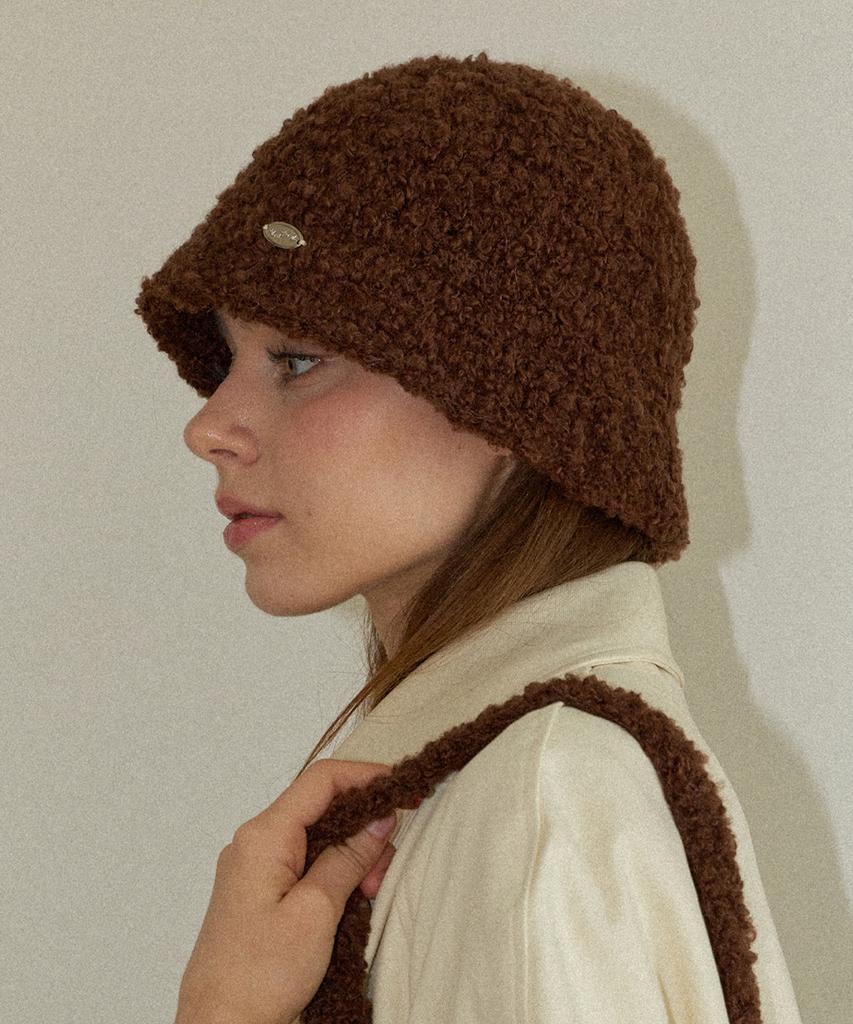 Seullouseulloulli Fluffy Handmade Crochet Sherpa Knit Bucket Hat _ Brown