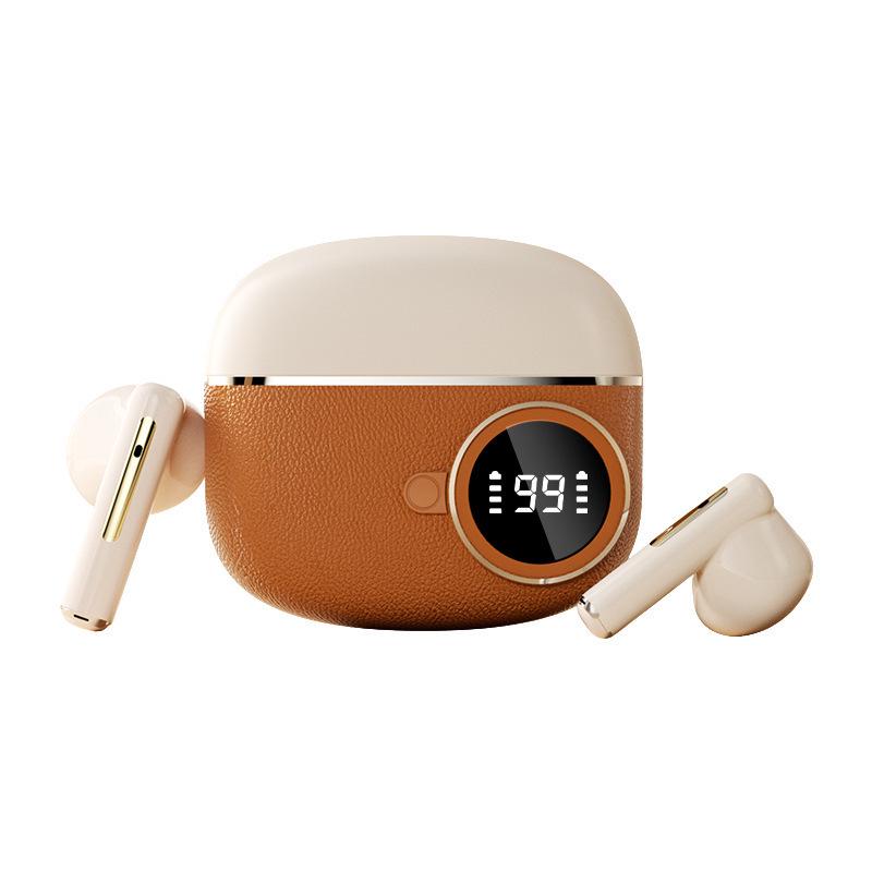 D339 Retro Wireless Bluetooth Earbuds with Digital Display, Noise-Canceling, Long Battery Life, Leather Texture Design