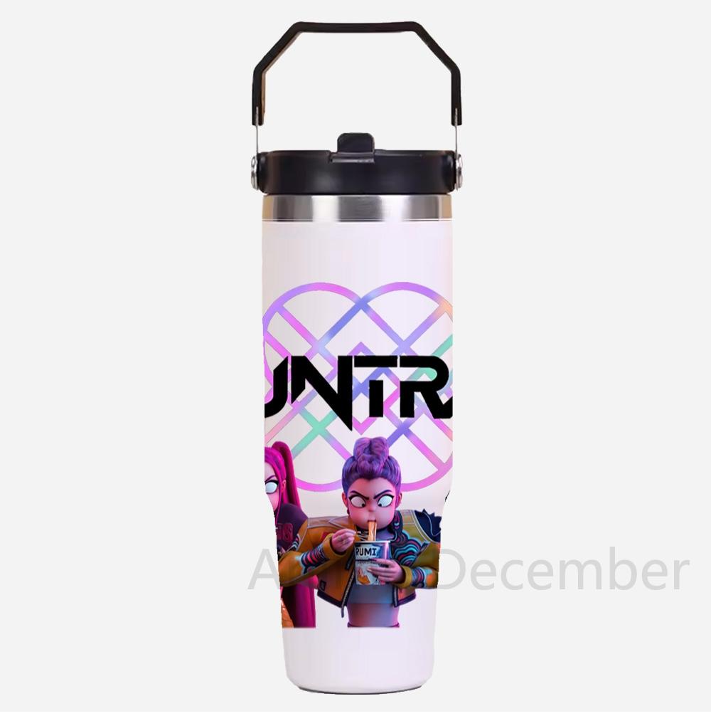 30Oz Anime K-Pop Large Capacity Portable Car Cup Stainless Steel Thermos Cup with Straw Handle Travel Sports Water Bottle Vacuum Flask