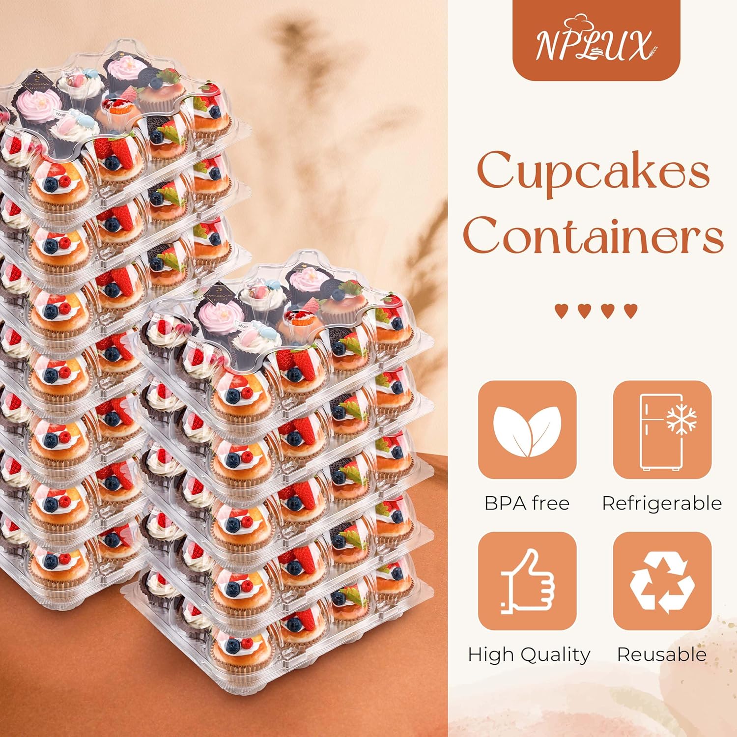 12 Count Cupcake Containers 12 Pack Cupcake Holders with Detachable Tall Dome Lids Clear Plastic Stackable Cupcake Boxes for 144 Cupcakes, BPA Free, 6
