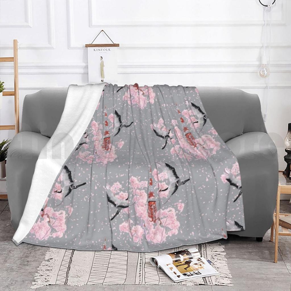 Cherry Blossom & Cranes-Grey Blanket For Sofa Bed Travel Cherry Blossom Sakura Cherry Blossom Cherry Blossom