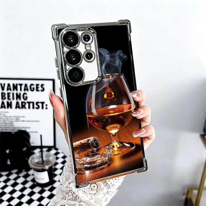 Cigar Whiskey Ice Drink Plating Phone Case For Samsung Galaxy S24 S25 FE S26 Edge S23 Ultra S22 S21 Plus S20 Anti-Fall Airabag C