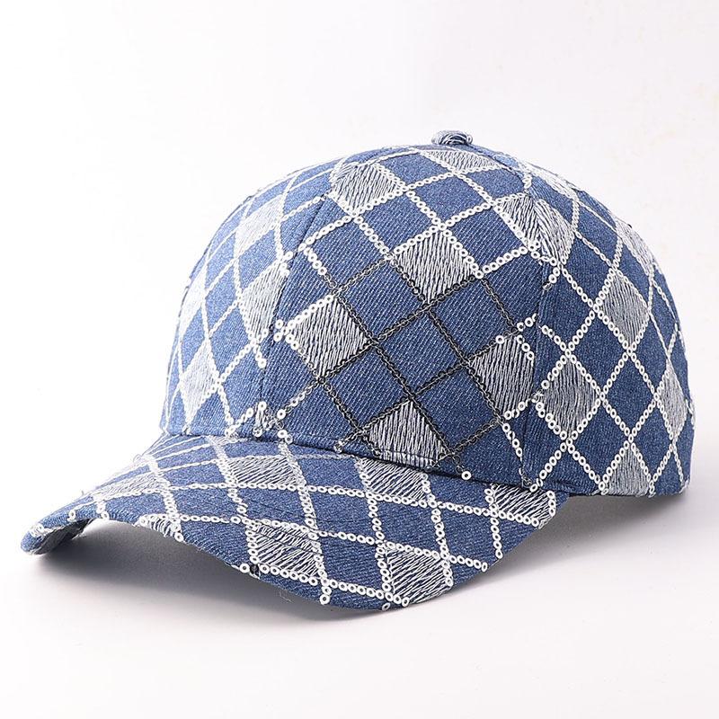 Rhombus sequined baseball cap European and American fashion plaid casual denim cap