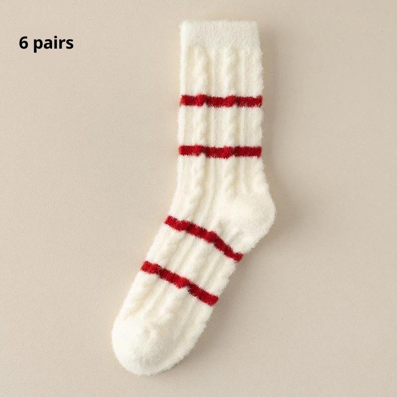 

6 Pairs Winter New Year Velvet Socks With Red White Stripes For Women Mid Tube Socks Girls Warm Plush Red Socks Christmas Gift F