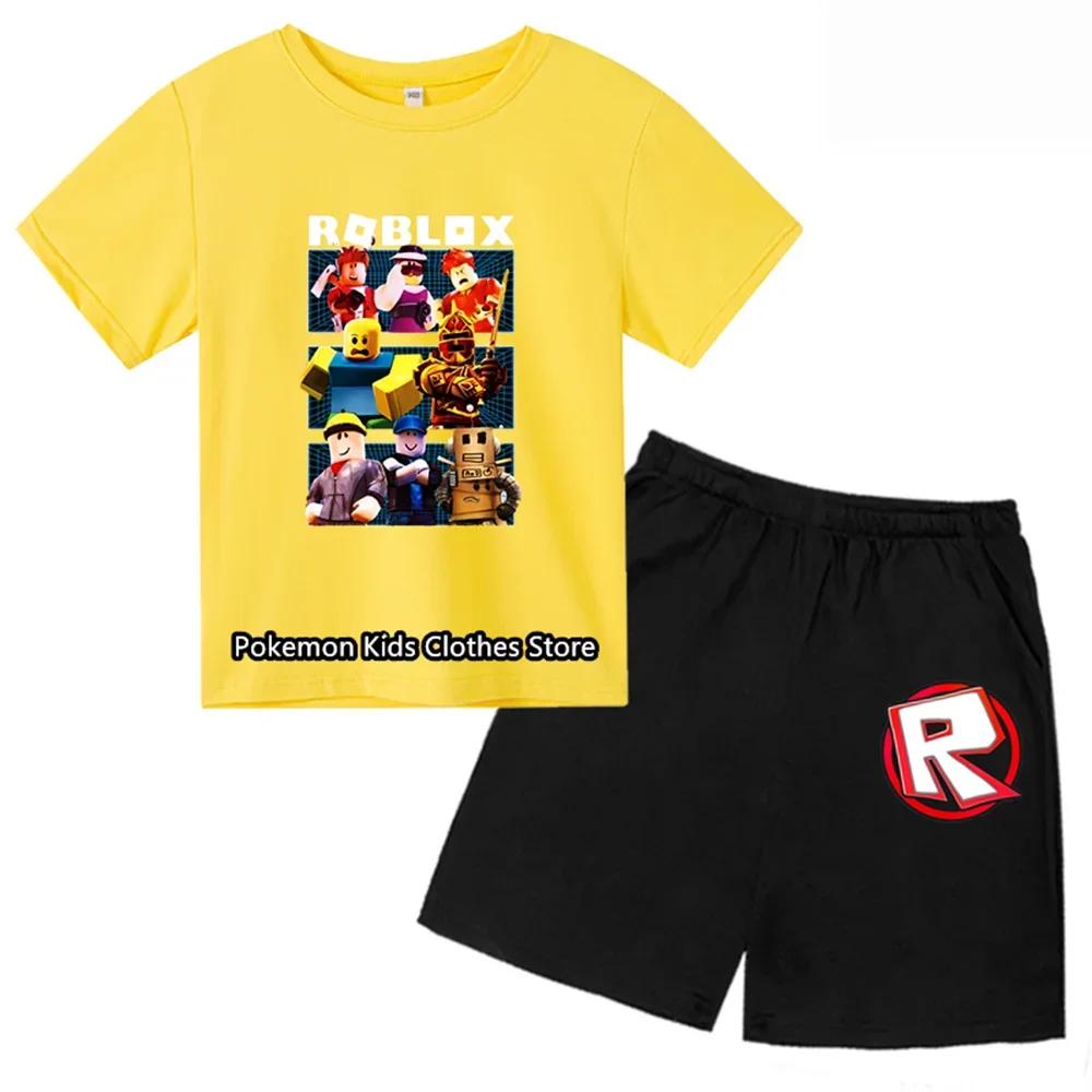 2025 MINISO Roblox Tshirt Kids Clothes Girls Tops Summer Baby Shorts Sports T-shirt Boys Shorts Children's Clothing Suit 414years