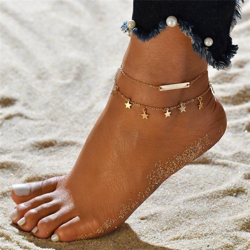 Double Layer Anklets For Women Pearl Streaming Pendant Foot Chains 8 Shape Beach Bracelet Anklets Solar System Bracelet