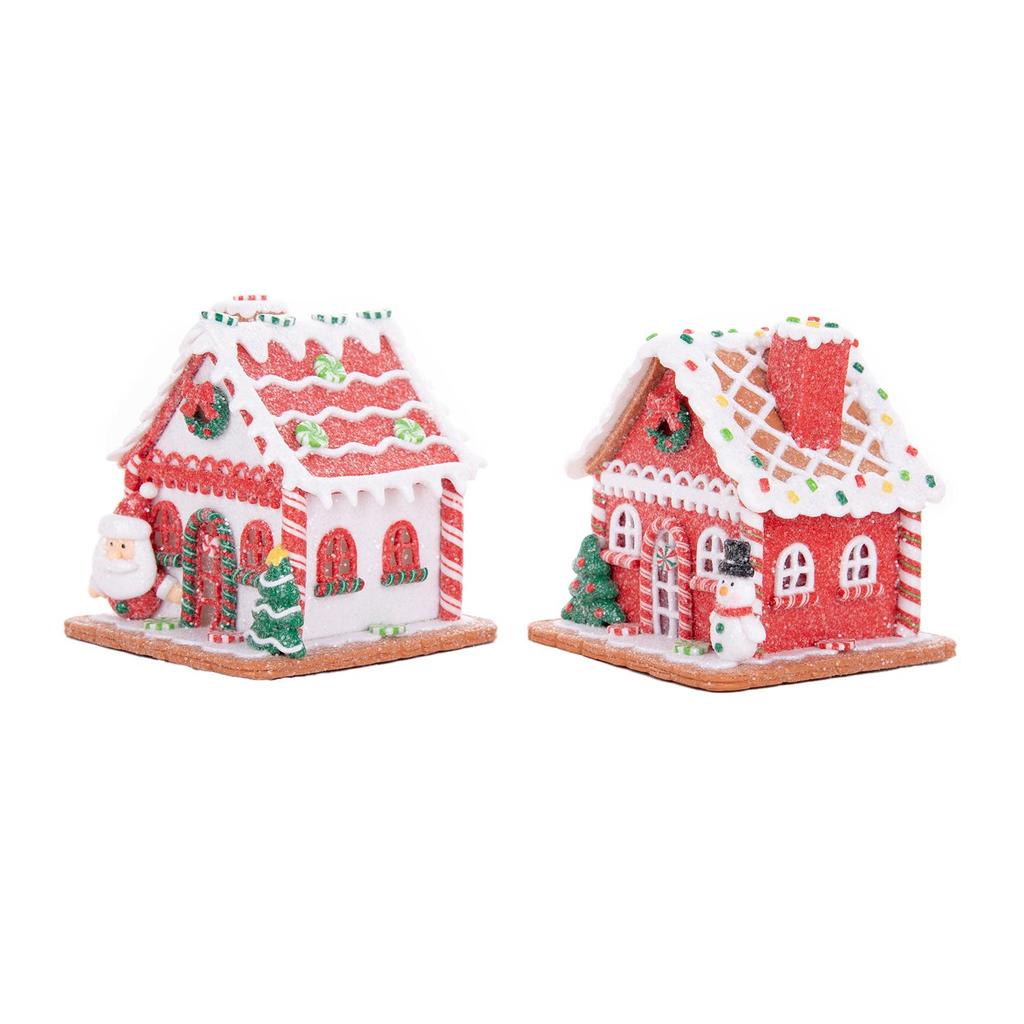 Red Gingerbread House Tabletop Ornaments, Santa & Snowman Christmas Decor (2Pcs Per Set)