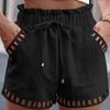 Cotton Linen Shorts Women'S Pants Solid Color Thin Hollow Out Design Trim Pocket Tight Waist Shorts Beachwear White