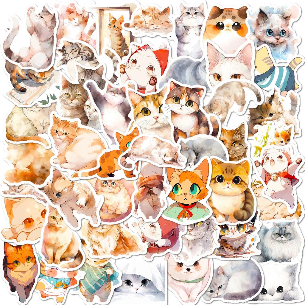 50 Watercolor Cat Stickers Cartoon Cute Cat Watercolor Stickers Decorative Luggage Guitarist Ledger Stickers