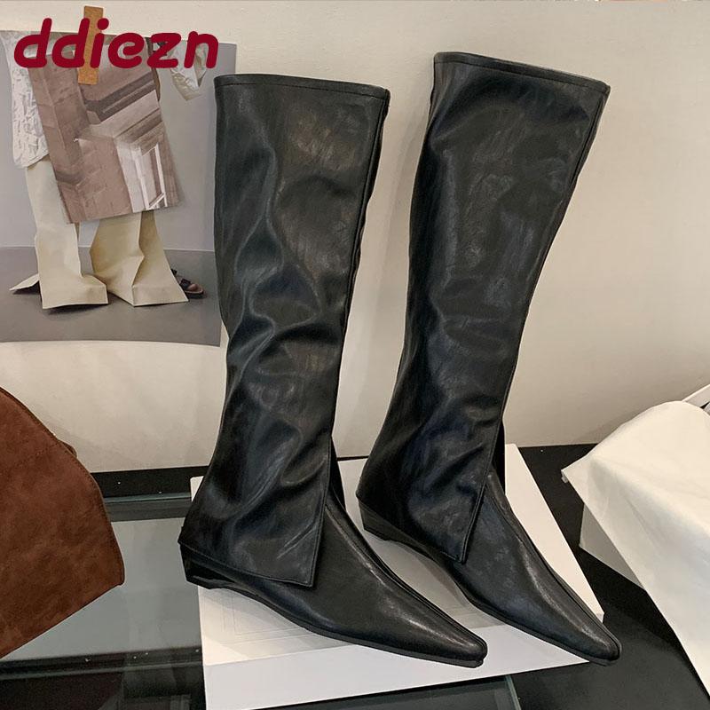 Mote Ny Mote Spiss Tå Dame Knehøye Støvletter Med Lav Hæl Sko Kvinnelig Glidelåser Fottøy Western Damer Lange Ankelstøvletter Sko